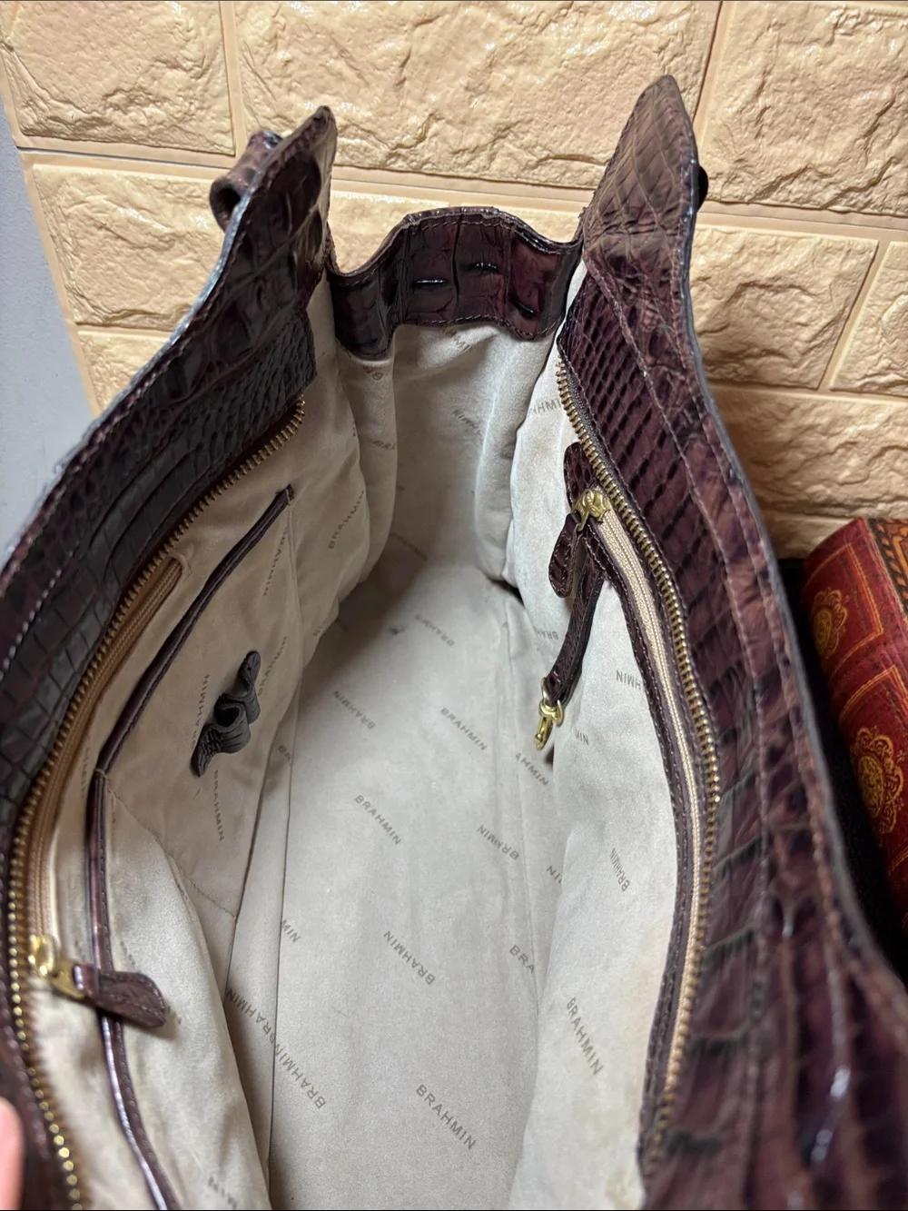 Brahmin Croc-Embossed Leather Shoulder Bag in Dark Brown w Burgundy Tones